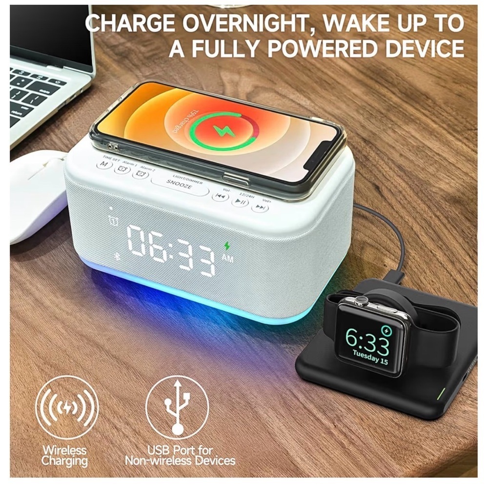 White Wireless Charging Alarm Clock with LED Display - Picture 7 of 10